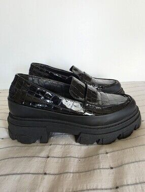 Ganni Black Patent Croc Lug Sole Loafers